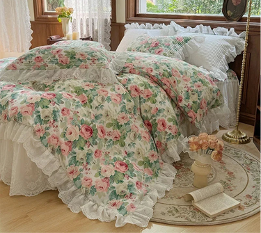 Vintage Floral Print Korean Princess Pure Cotton Bedding Set